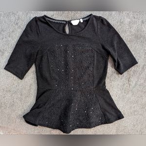 Anthropologie Deletta Sequined Peplum Black Sweater Top Size S NWOT